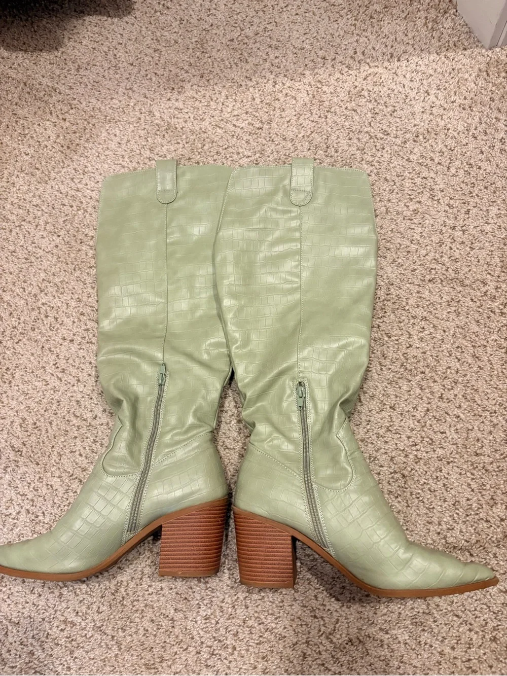 Knee-High Green Croc-Embossed Wide Calf Block Heel Boots
